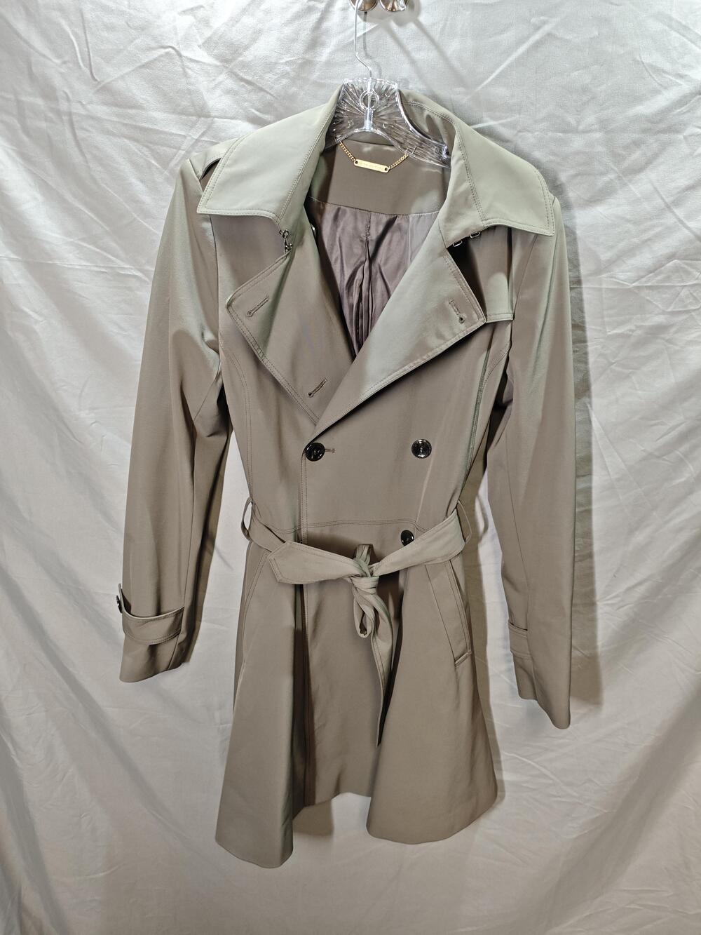 Trina Turk Trench Coat Womens 10 Gray Double Breasted Belted Classic Jacket